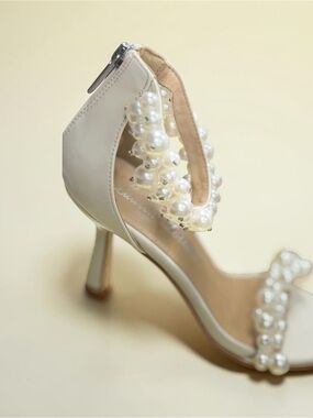 NYC Pearl-Strap Ivory Open-Toe Heels